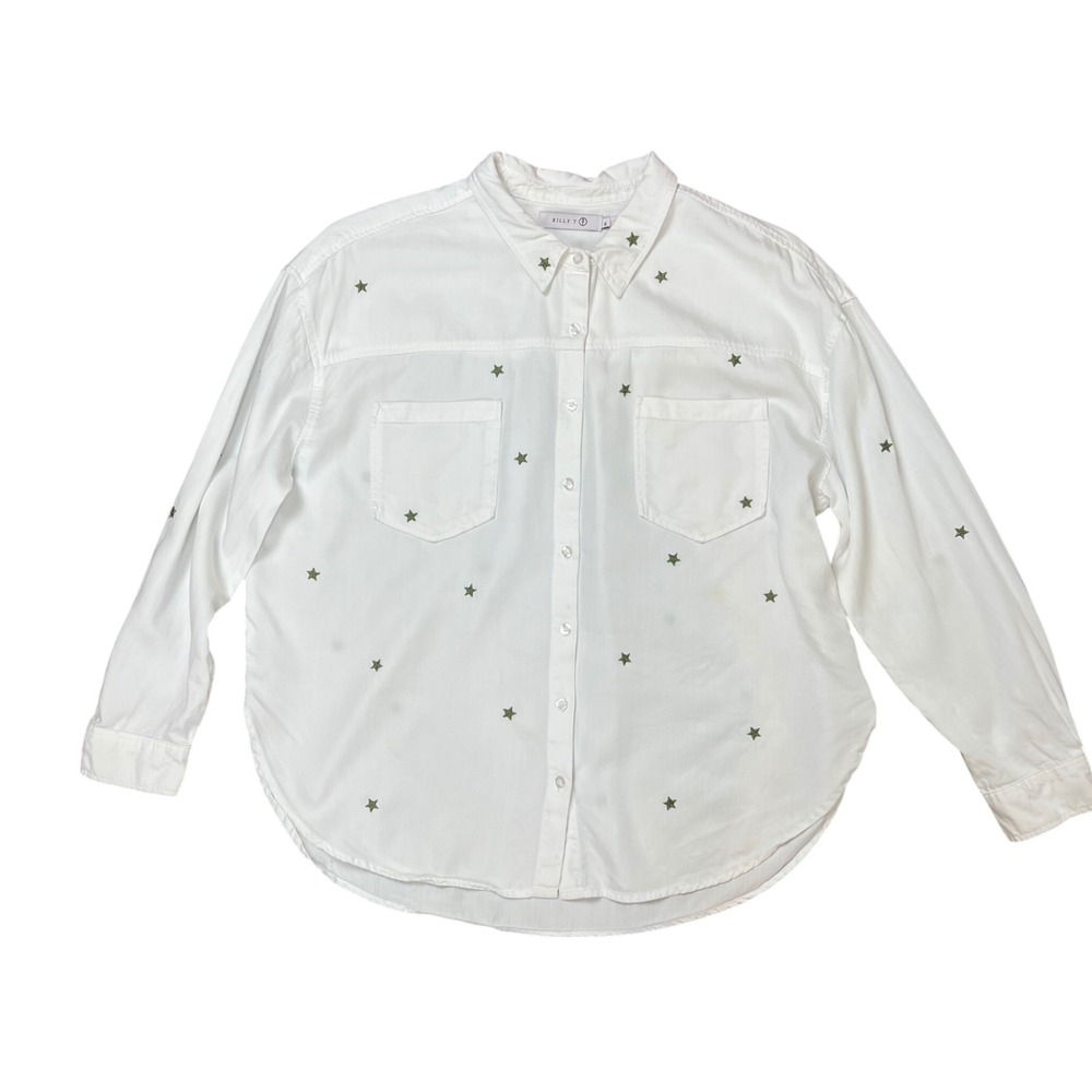 Billy T Womens XL White Lyocell Star Embroidered Button Down Shirt Long Sleeve